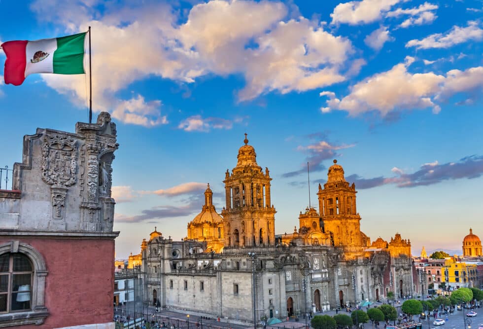 Mexican Flag Metropolitan Cathedral Zocalo Mexico City Mexico